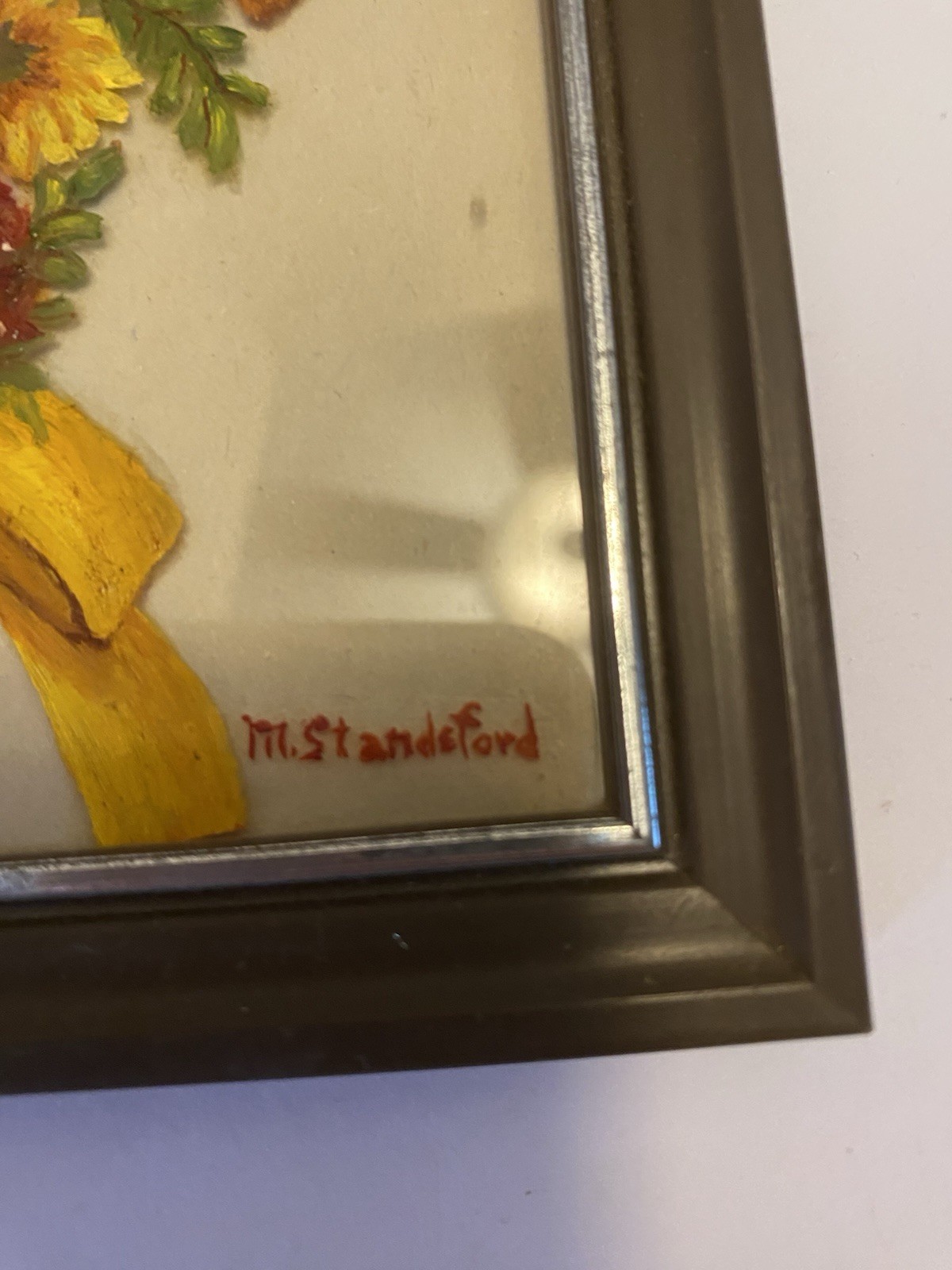 Vintage Framed Reverse Hand Painted Flowers on Glass Art with Butterfly