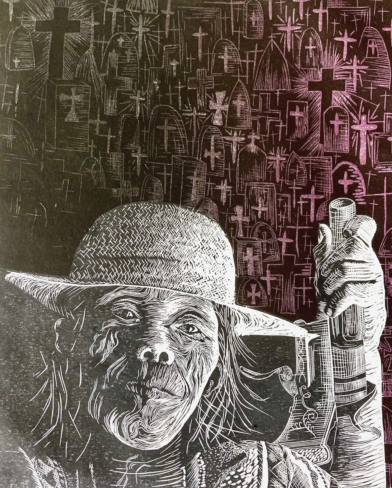 26″ Woodcut Elderly Woman in Cemetery Gravestones Social Realism Art California