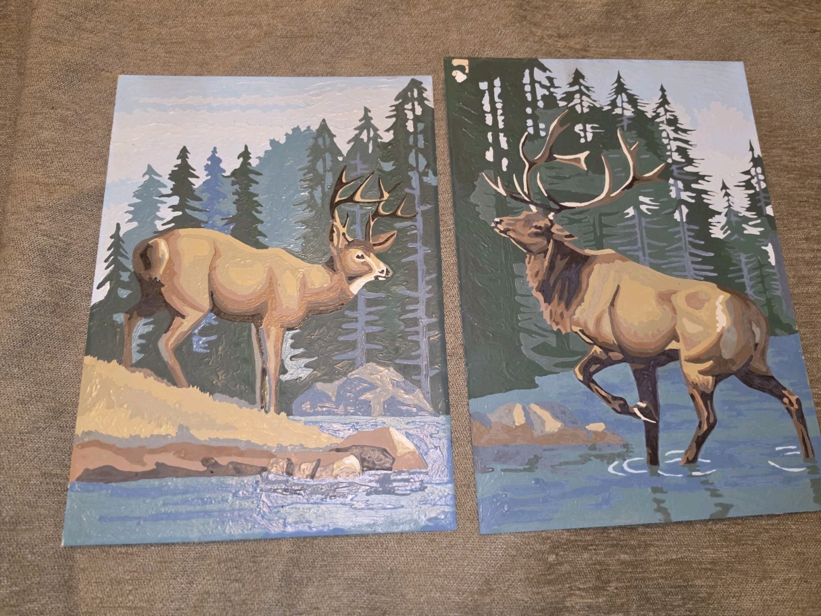 2 Vtg Framed Paint-by-number Paintings Elk & Deer
