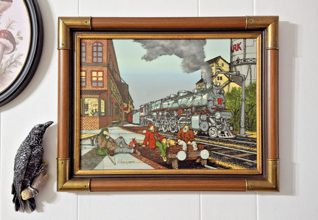 H. Hargrove Oil Painting FREIGHT DEPOT Hobos Train COA Framed 19.5″ x 15.5″