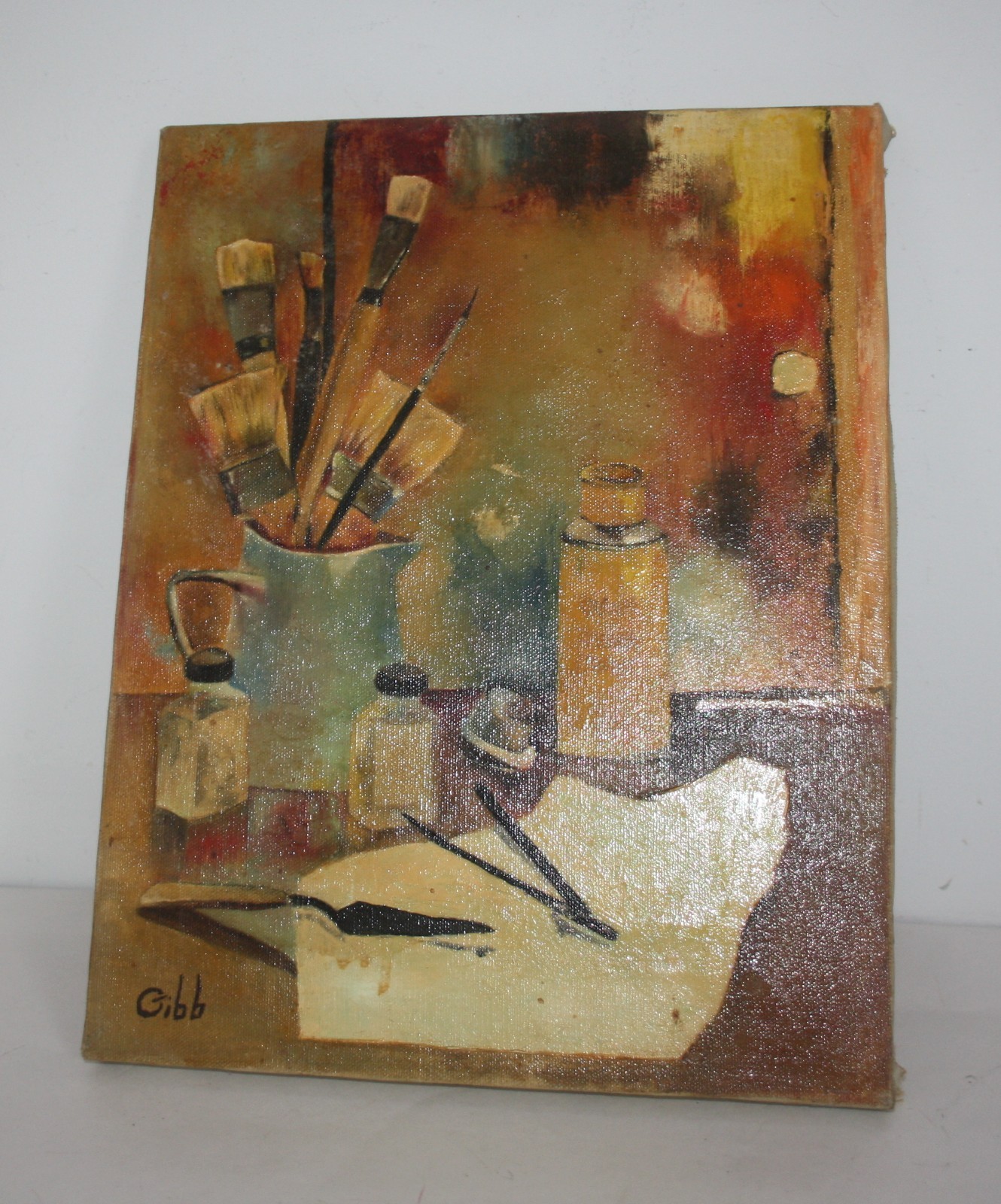 Signed Still Life Oil Painting on Canvas Painters Tools Brushes Palette 11X14
