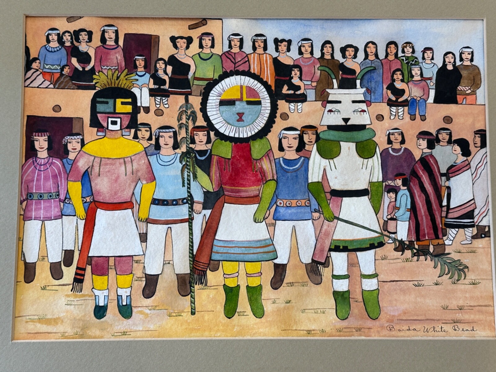 BAIDA WHITE BEAD EXTREMELY RARE PAINTING 1960’S MATTED 14″ X 18″