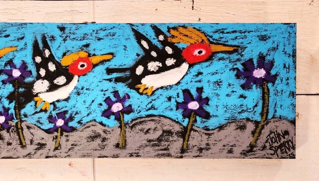 John Sperry Outsider Southern Primitive bird Folk Art Woodpeckers Painting Birds