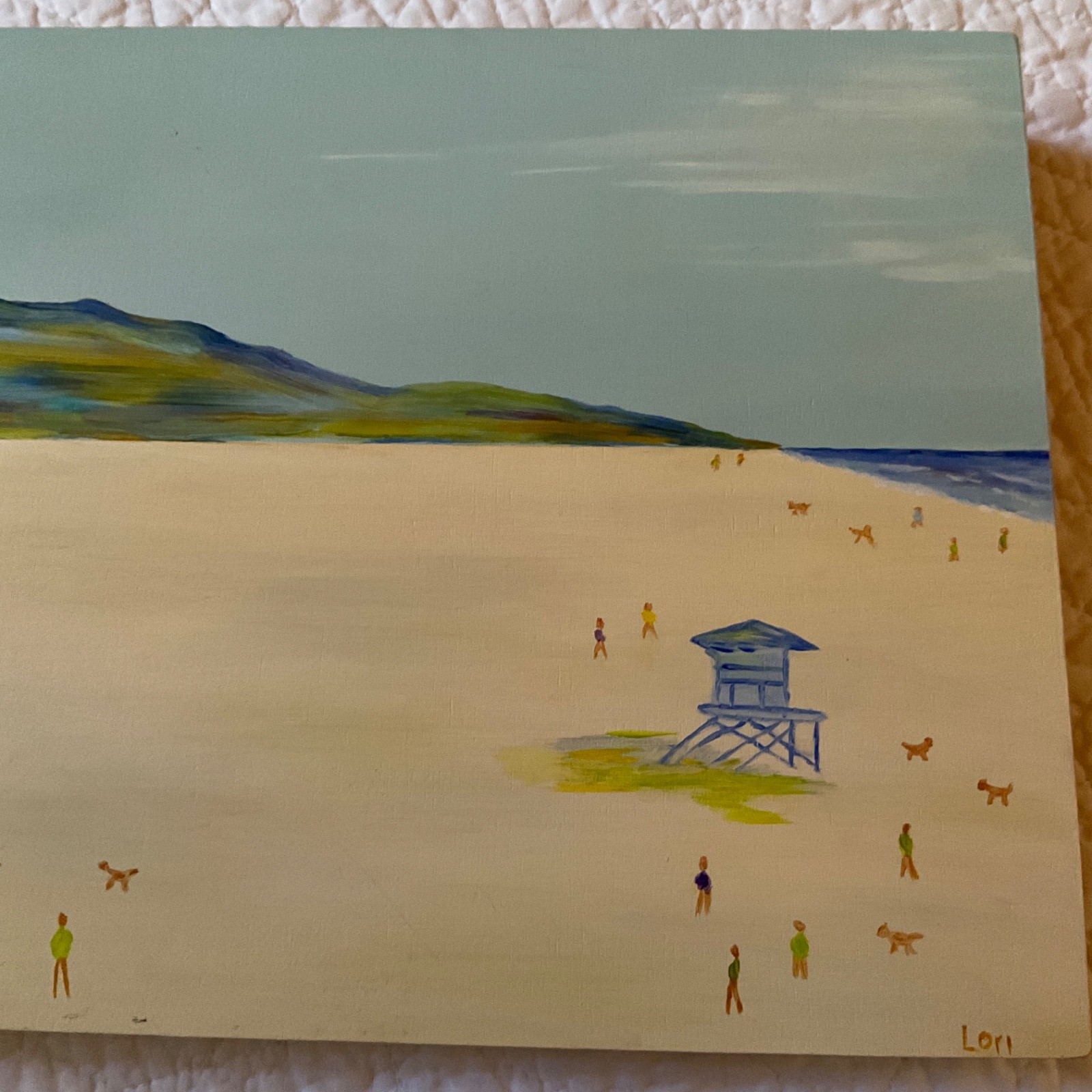 coast ocean Painting original beach tiny people life guard tower by Lori