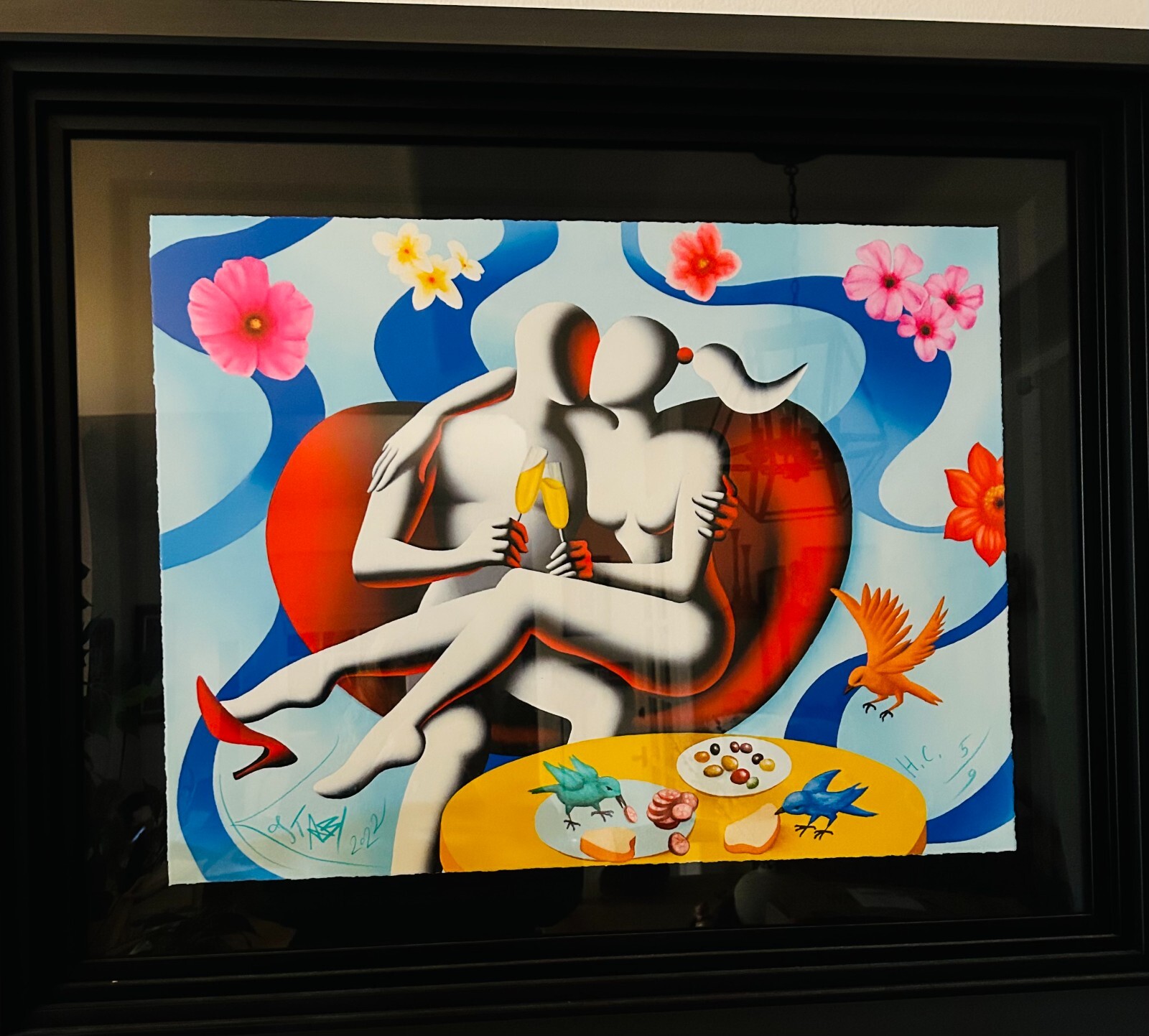 Mark Kostabi «Love Birds» art work framed large limited edition, 5/9