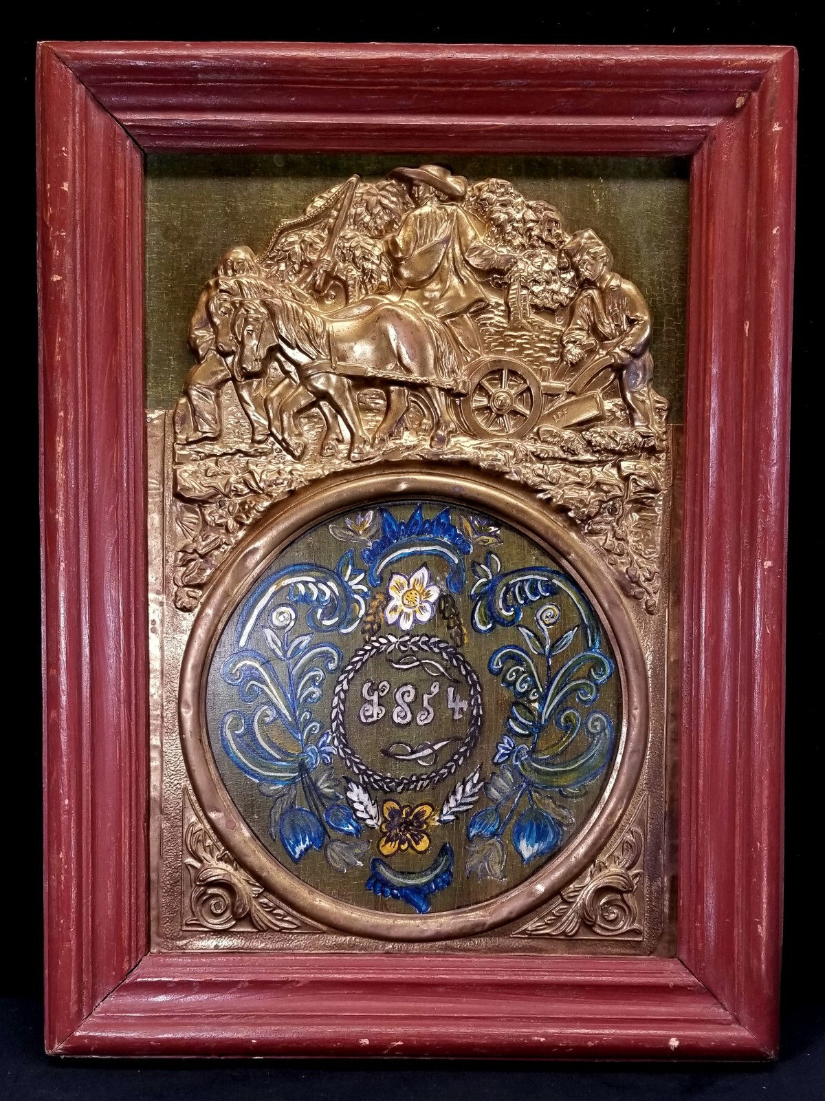 Antique 1854 Handpainted Oil On Board W High Relief Embossed Brass Inner Frame