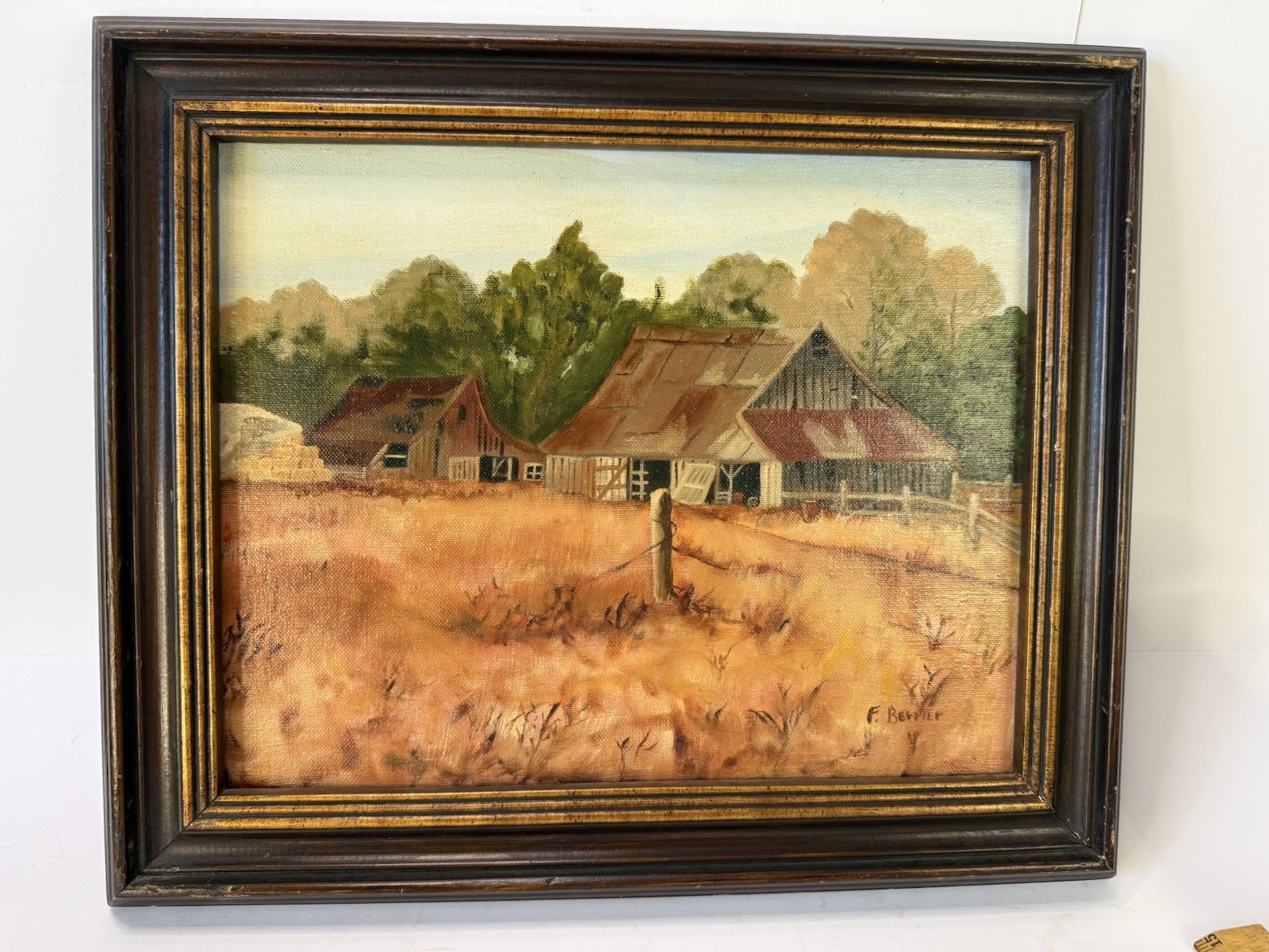 F. Berrier Original Oil Painting Vintage Rustic Barn Farm Landscape Framed Art
