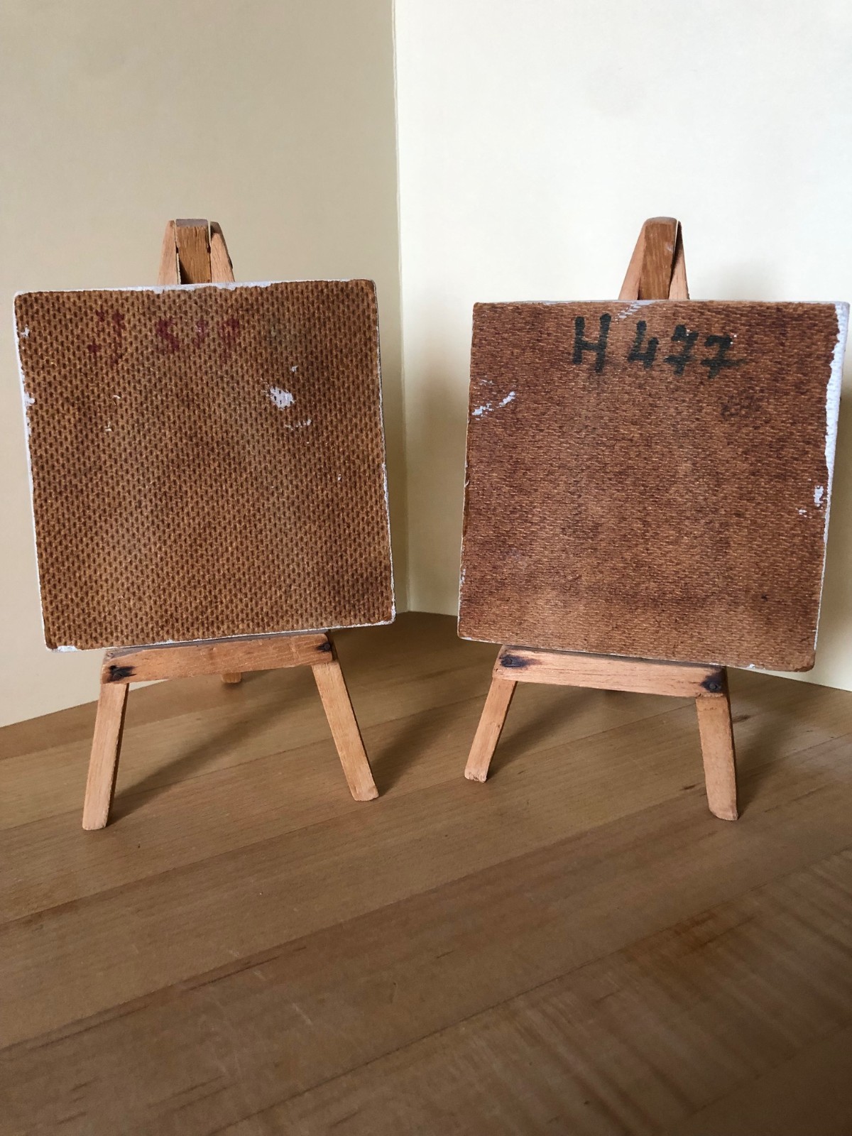 Tiny Art: 2 signed vintage miniature paintings on easels