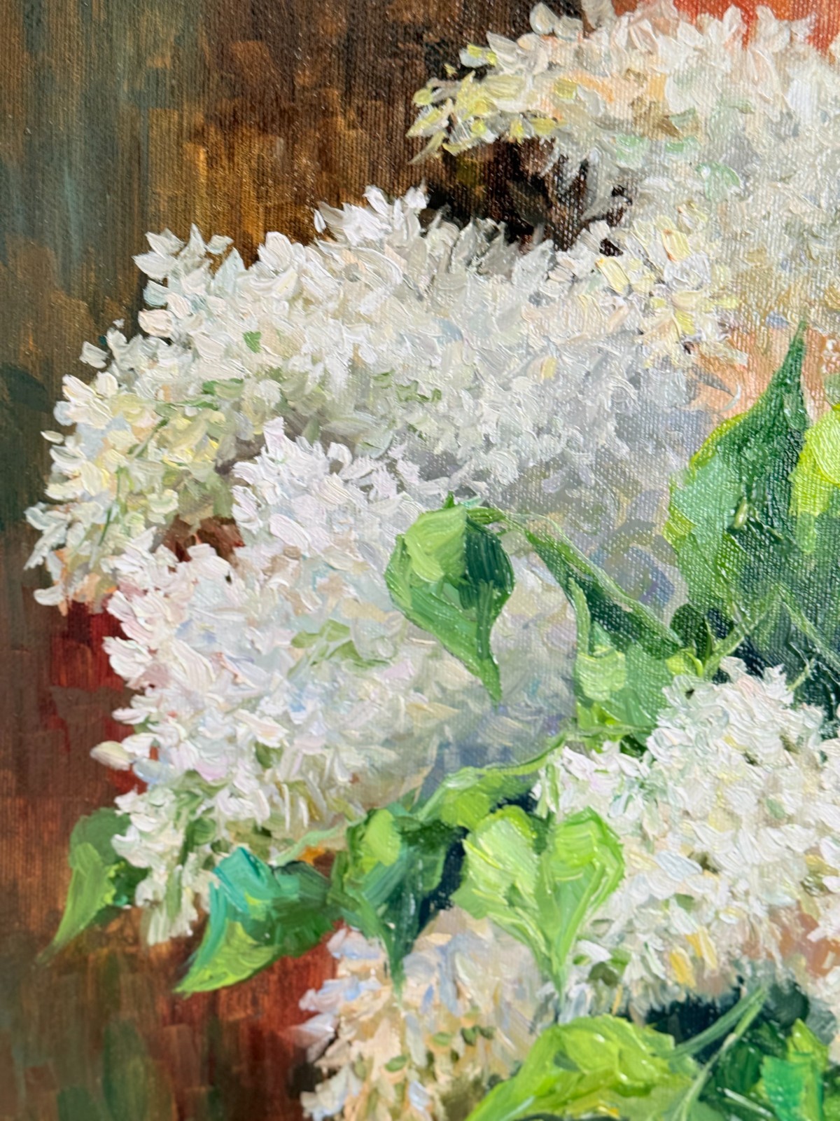 Original Oil Painting White Lilac Flowers Spring Still Life Art Signed 16×16 in
