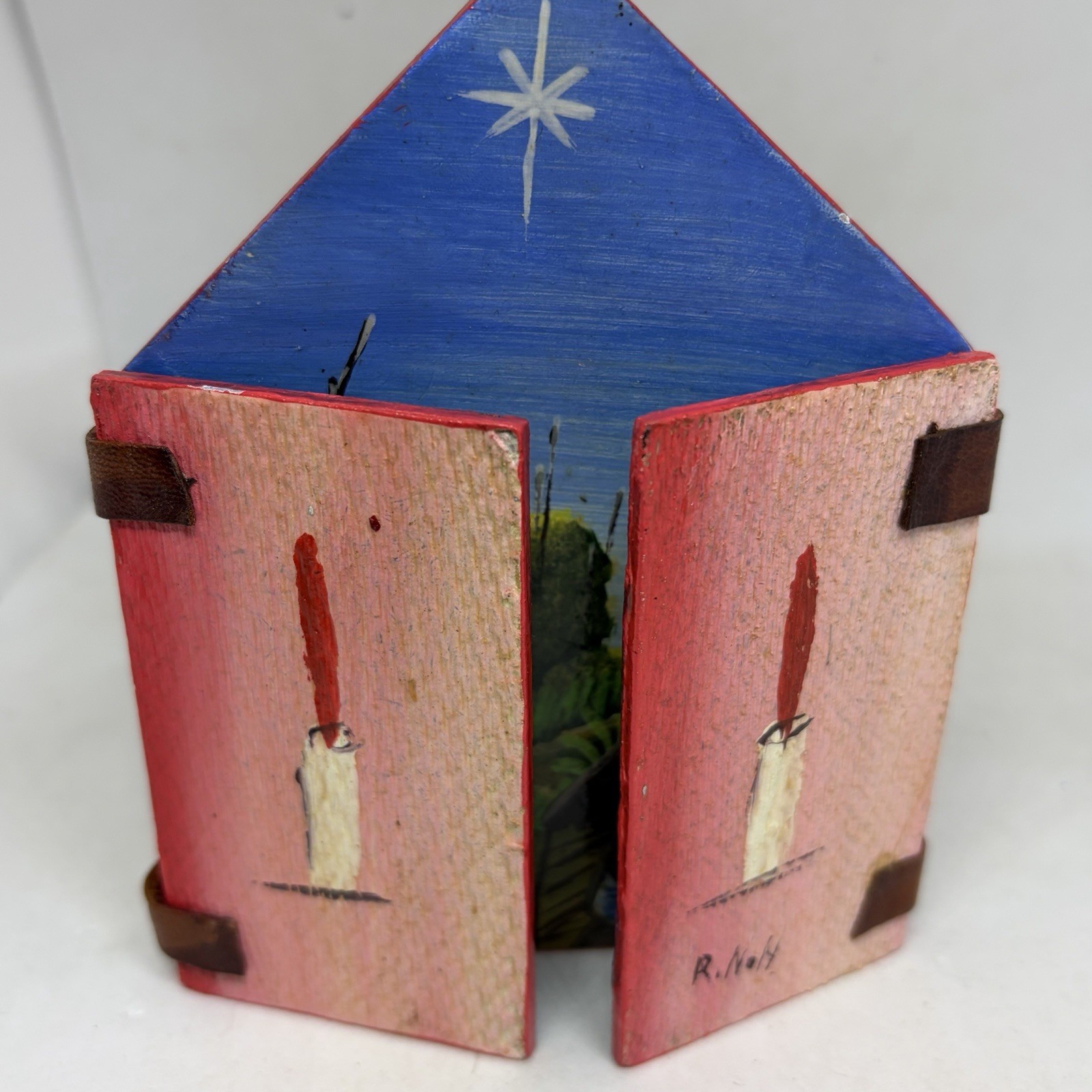 Vintage Haitian Folk Art Folding Wood Triptych Nativity Painting Signed R. NOLY
