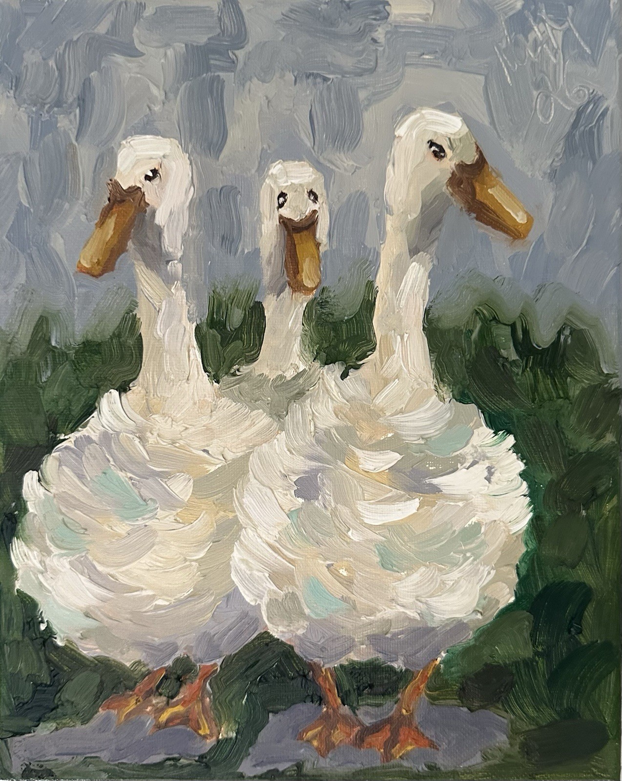 White Ducks Original Impressionist Oil Painting Signed Nursery Wall Decor