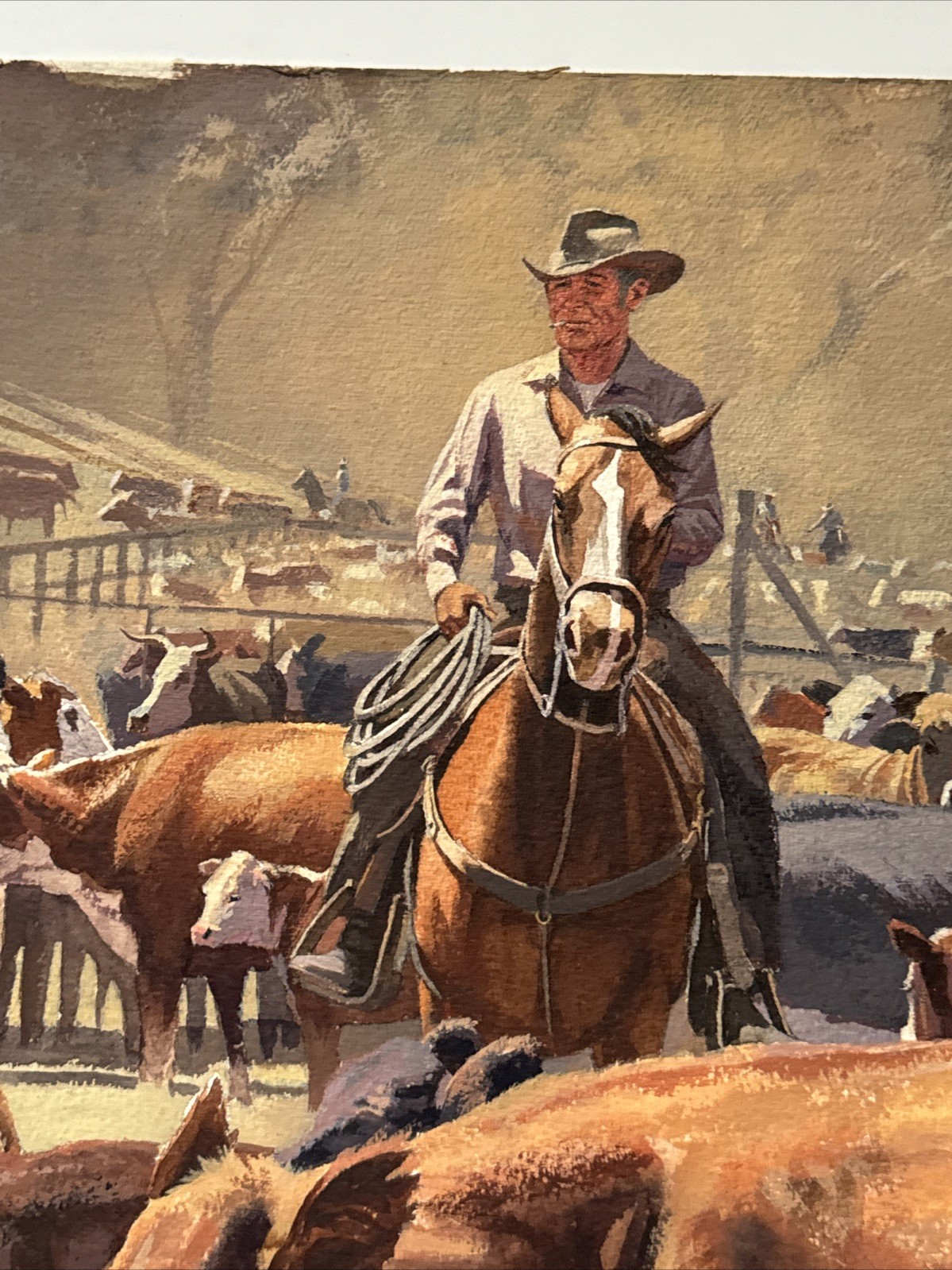 VINTAGE COWBOY PAINTING WESTERN RANCH COWBOYS FARM FARMING AMERICAN COWS