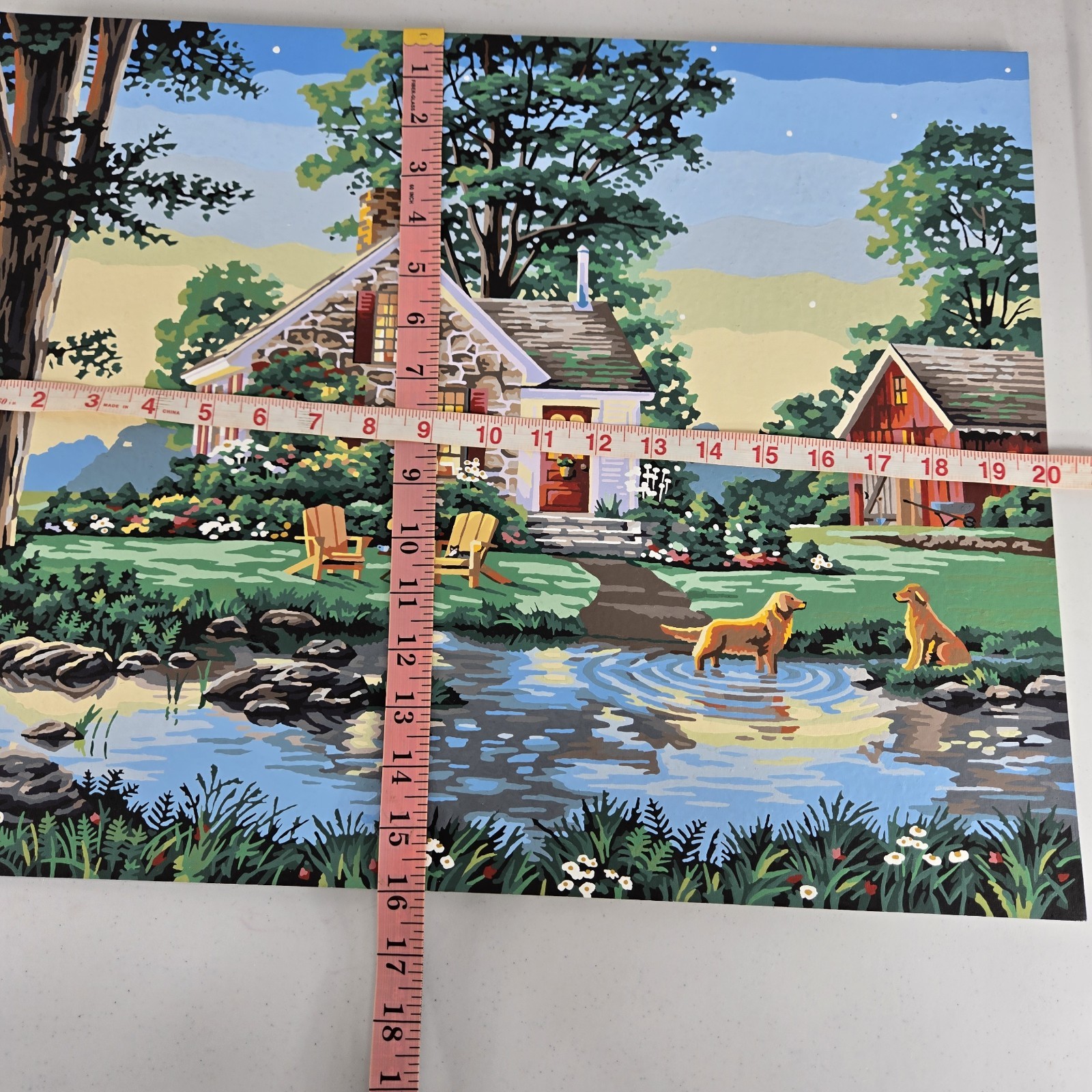 Summer Cottage Paint By Number Finished Acrylic Painting Golden Dogs Lake 20×16