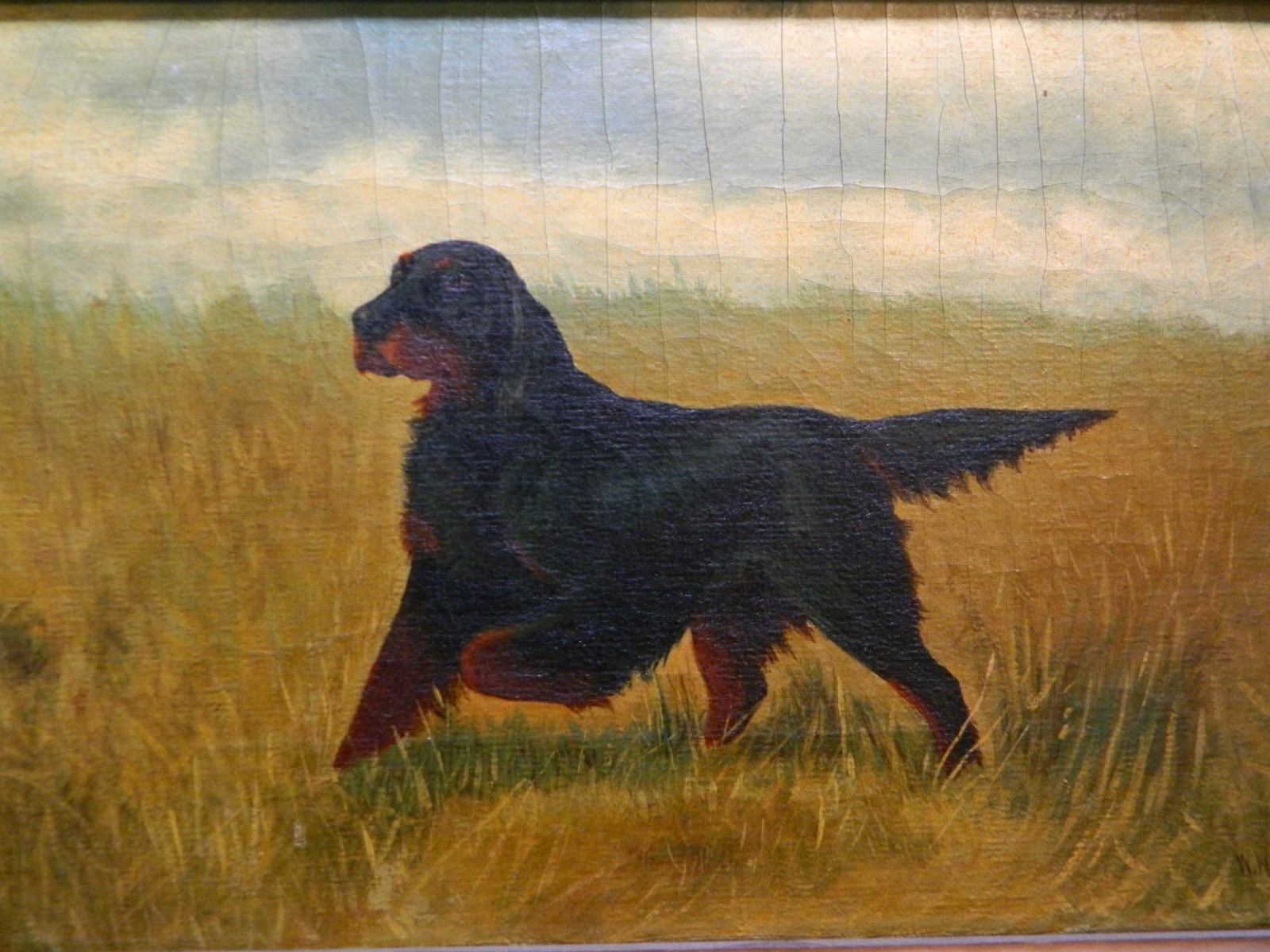 Antique Framed Gordon Setter Pointing Oil On Canvas Signed W.H. Thomas 16.75″ VG