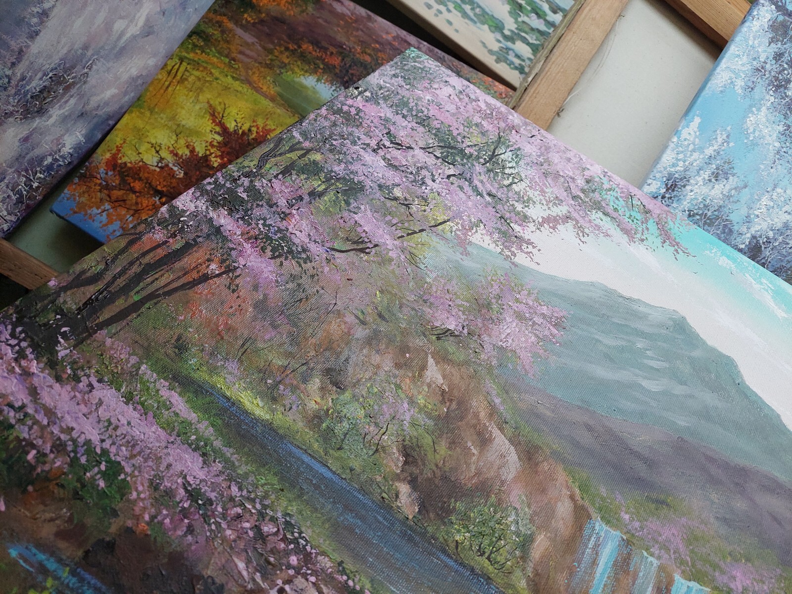 Large blossom sakura landscape with mountains and waterfalls high-quality ART