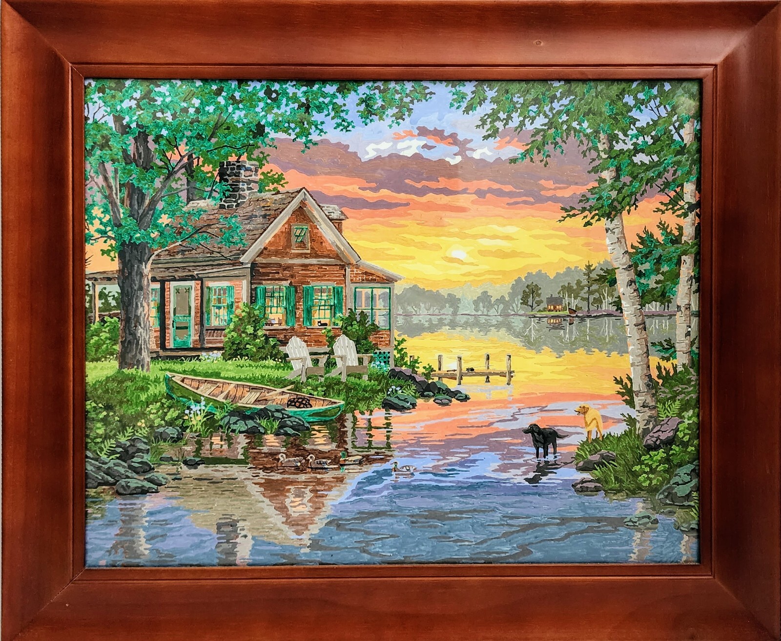 SUNSET CABIN Framed Paint by Number Artwork 20″x24″ Lake Canoe Dogs Sunset Cabin