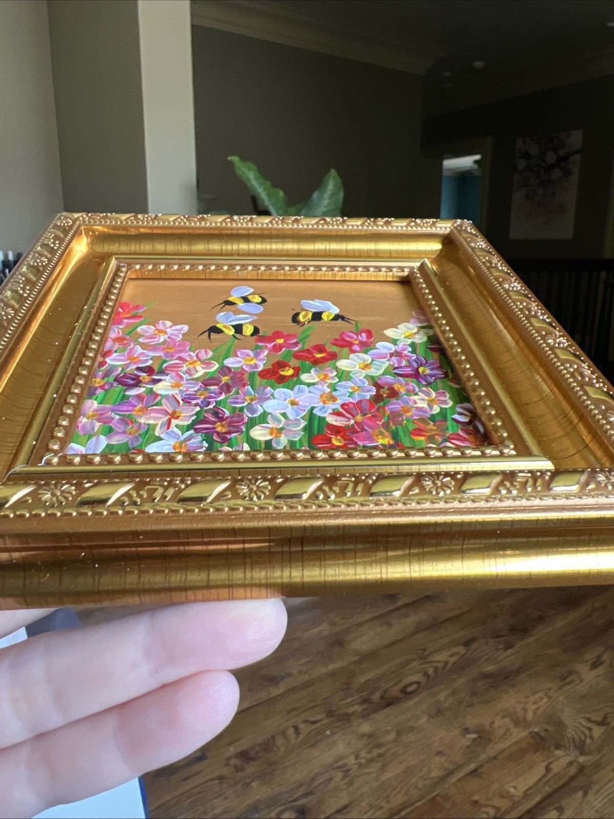 Bee, Honeybee Wild flowers, original,miniature Painting,small,mini, Framed