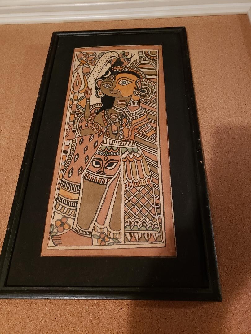 vintage painting on cloth framed , wall decor 19X10, rare and unique