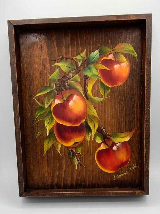 Vtg Original Oil Painting on Wood Apples Signed Lorraine Kobe 13 3/4 x 10 7/8″