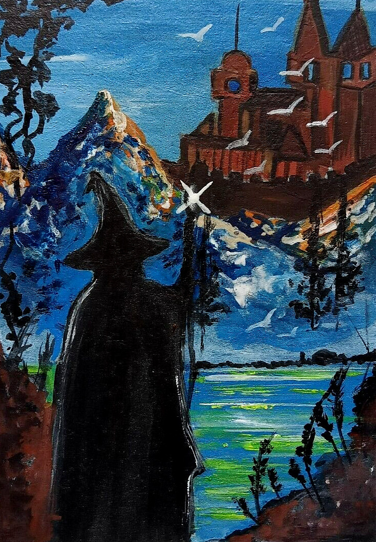 ACEO ORIGINAL MAGICAL HAUNTED CASTLE PAINTING HALLOWEEN WITCH ICE MOUNTAIN ART