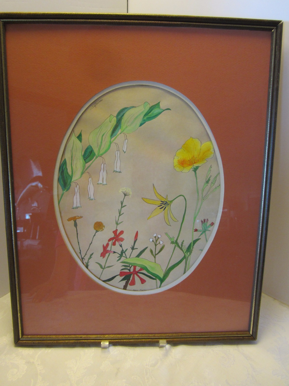 Original Watercolor & ink Painting Wild Flowers Framed matted signed 21″T 1960s