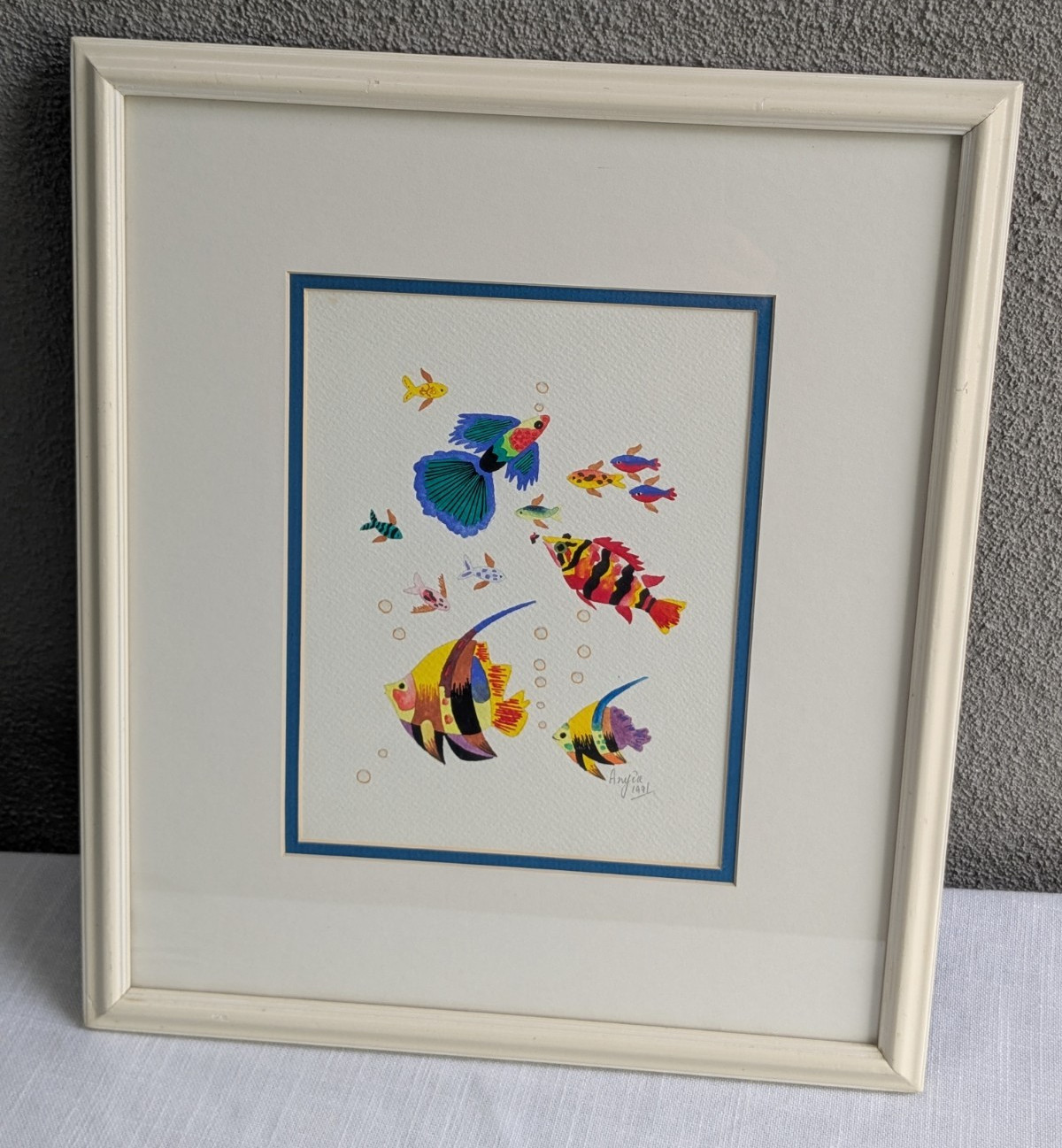 Vtg 1991 Watercolor Tropical Fish Painting 15×13″ Framed/Signed Wall Art Picture