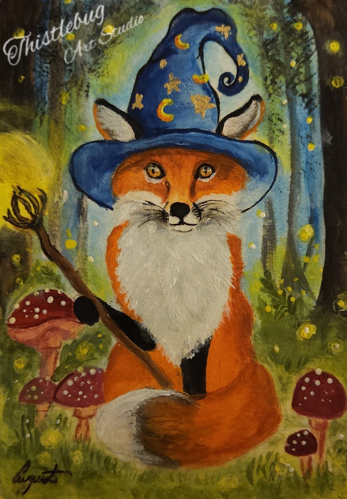 Aceo Miniature Fox Cat Animal Wizard Nature Acrylic Original Painting Tiny Art