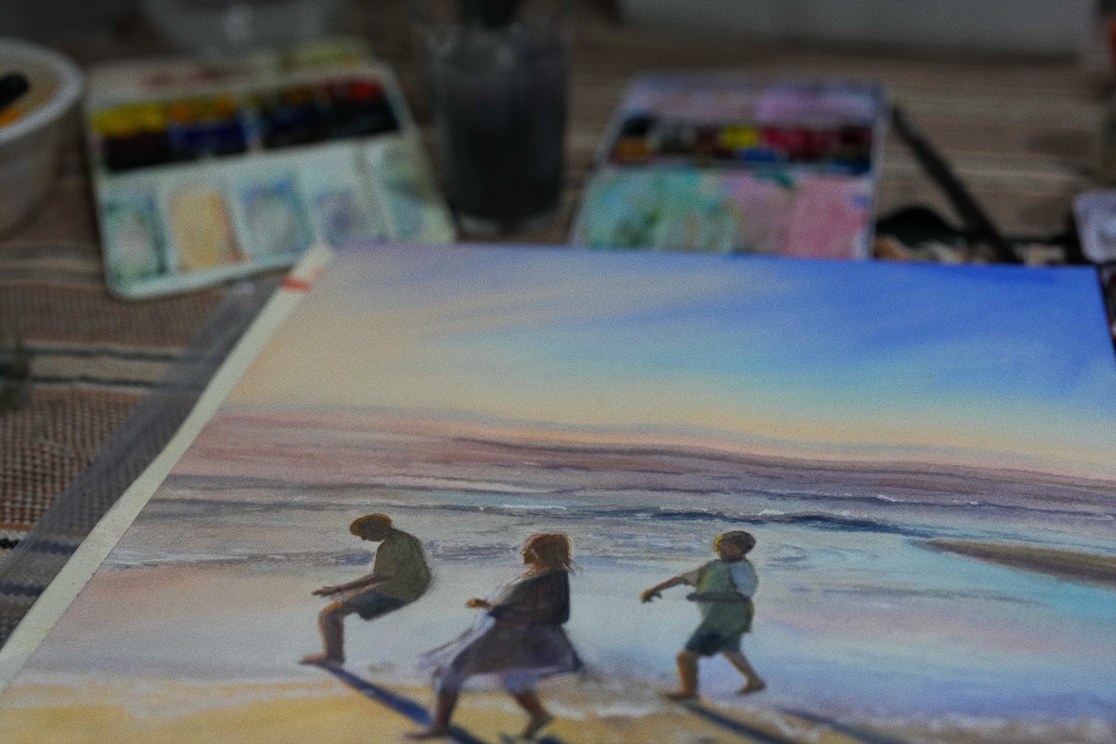 “Children at Sunset – Oregon Coast” – Original Watercolor Painting 11×14 in