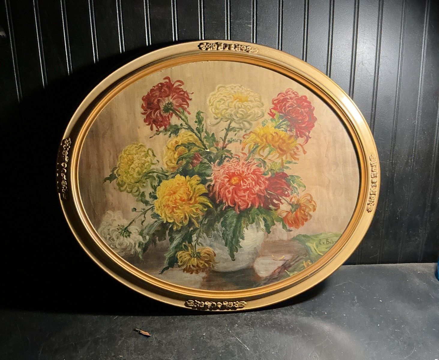 VTG Floral Daisy Flower Print Ornate Gold Oval wood Frame 25»x 21»