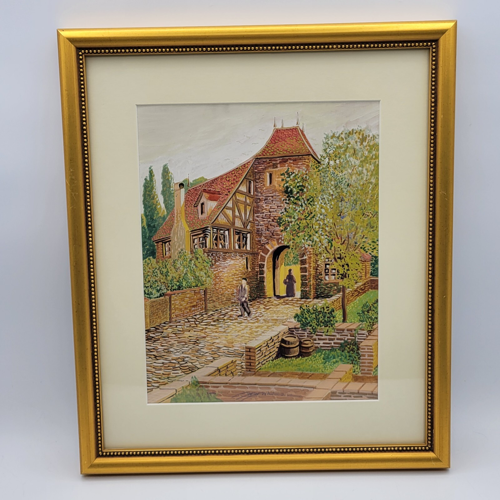 Pair Antique Paintings European Village Scene ‘Out of the Shadow’ Artist Signed