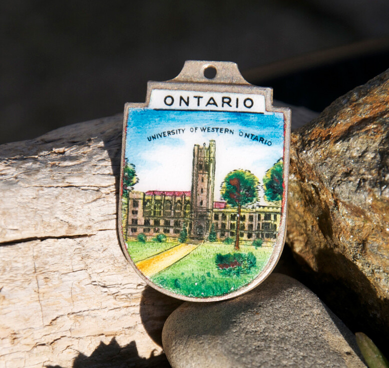SMALL VINTAGE HAND MADE ENAMEL KEYCHAIN # UNIVERSITY WESTERN ONTARIO CANADA