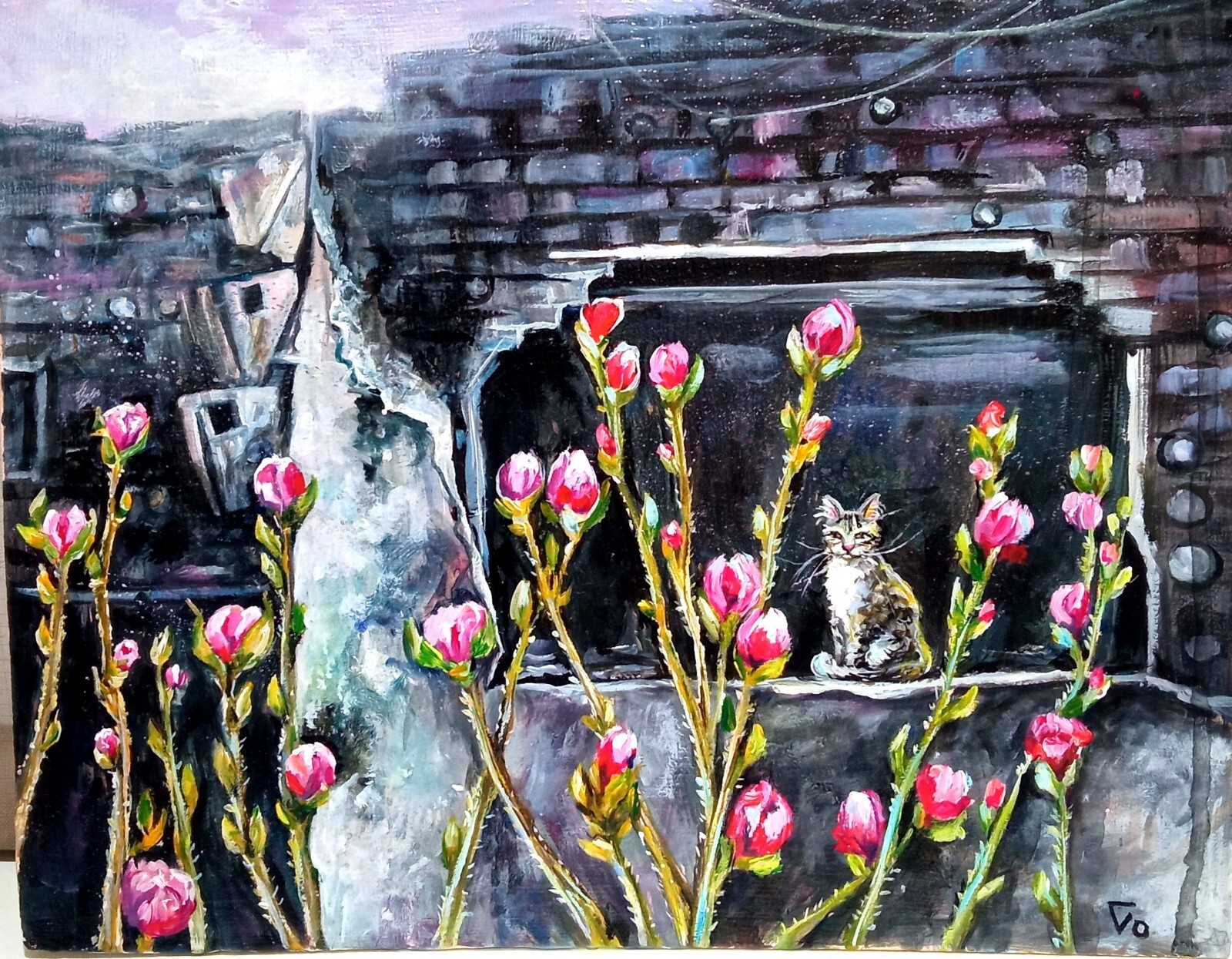 Original Acrylic Painting: Ukrainian War Art Featuring Cat and Destroyed House