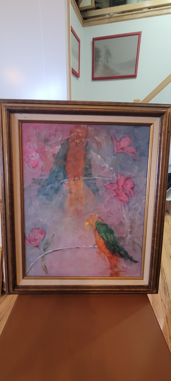 Original framed oil on canvas abstract composition with parakeets