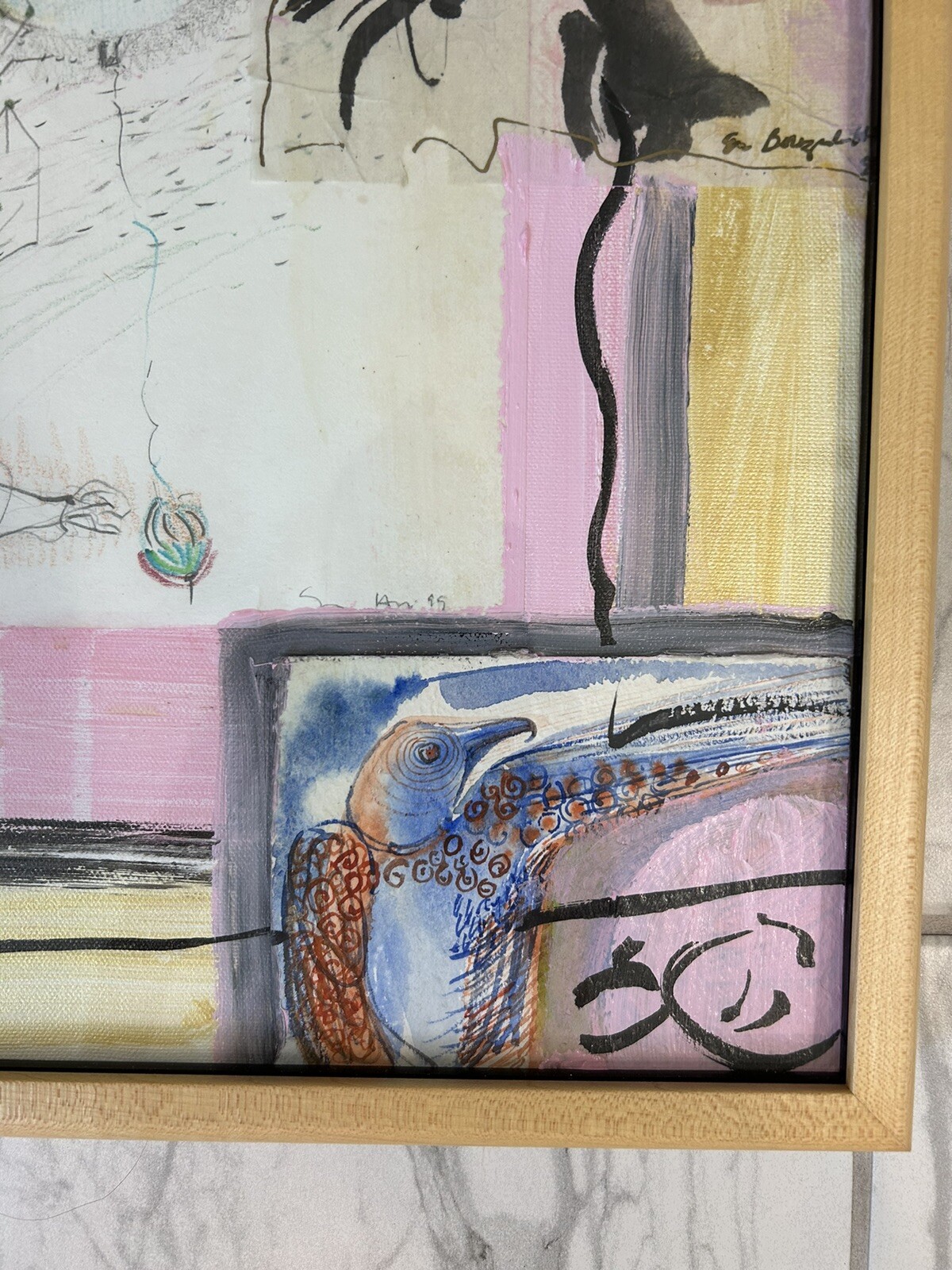 Vintage Abstract Painting Mixed Media Collage Art Framed