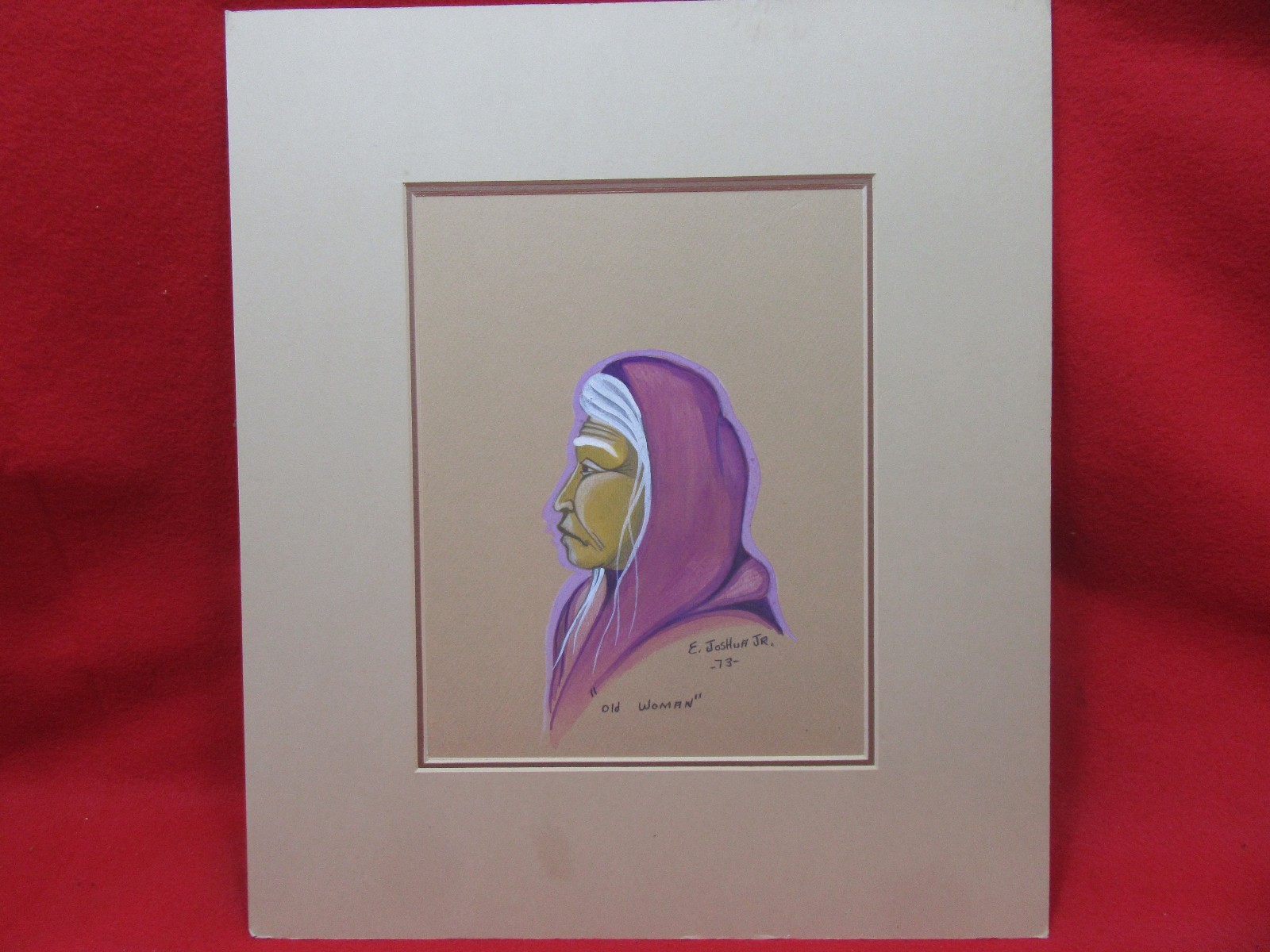 E-JOSHUA-JR-1973-ORIGINAL-NATIVE-AMERICAN-Pencil Art «old Woman»