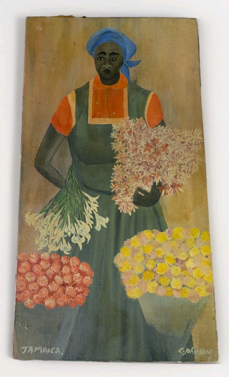 Vintage 1983 Jamaican Intuitive Art Painting Flowers Lady Signed C. Johnson 22in