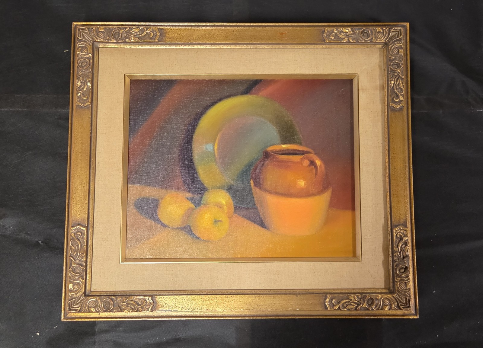 Vintage Still Life Oil Painting by N.E. Smith – Framed – Apples, Pot & Plates