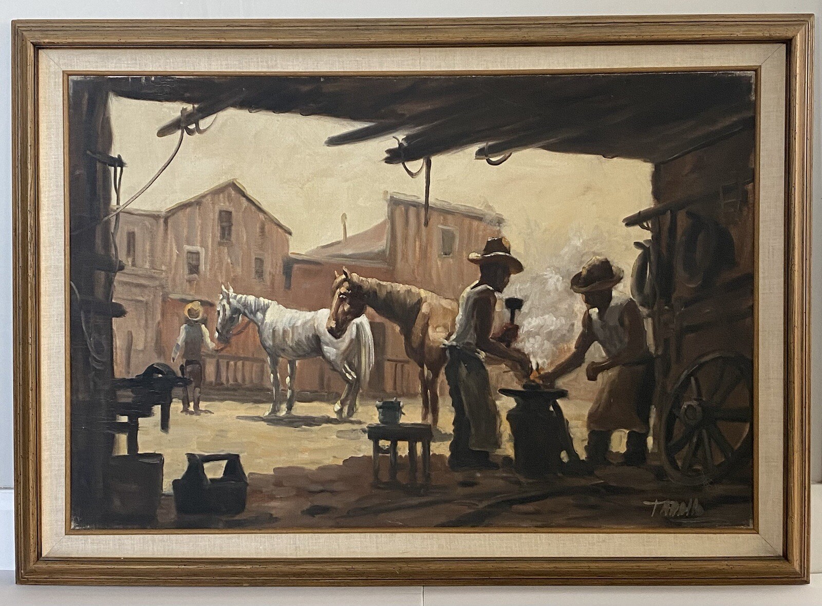 Rodolfo Tarallo VTG Western Equestrian Blacksmith Cowboy Impressionism Painting