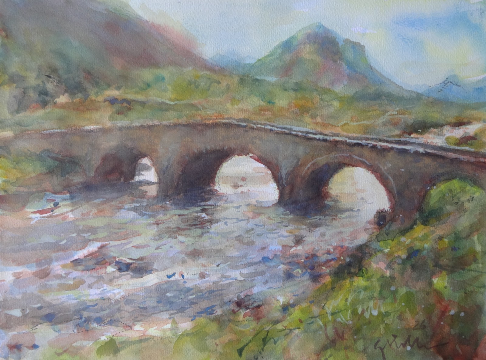 GERRY MILLER – «Bridge on Skye». Watercolour.34x32cm. Unframed.