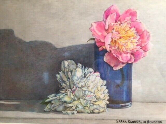 FRAMED ORIGINAL ART «PEONY PALS» STILL LIFE COLORED PENCIL ON FILM S S HOUSTON