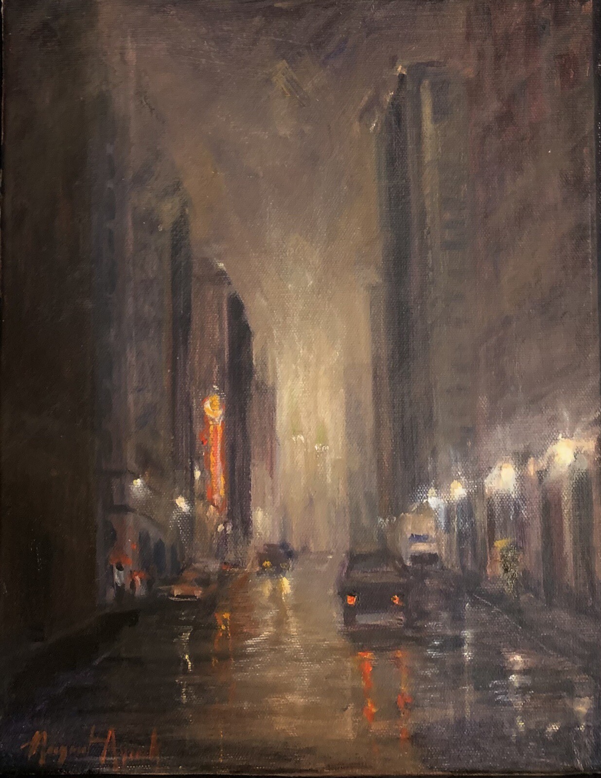 Rainy City Night, Tulsa, Oklahoma original oil painting Margaret Aycock 11×14