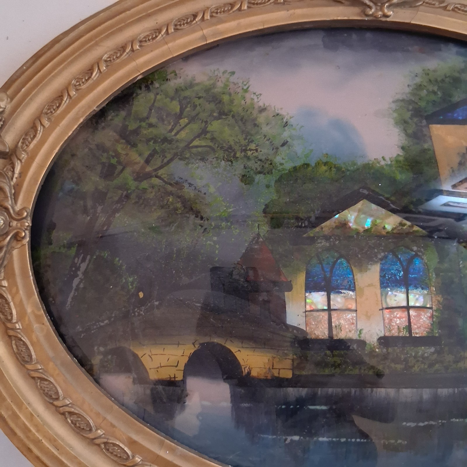 Antique Japanese Reverse Bubble Glass Painting In Original Frame 23″ × 16″