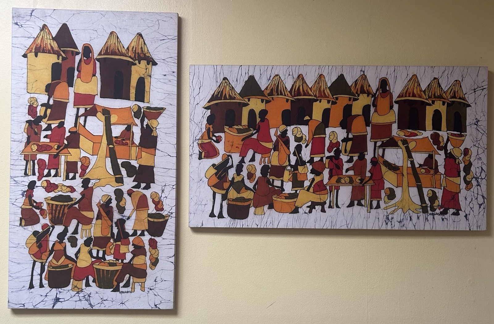 African Batik Paintings Of Rate Village/ Market Scenes S. Mundo Signed Vivid