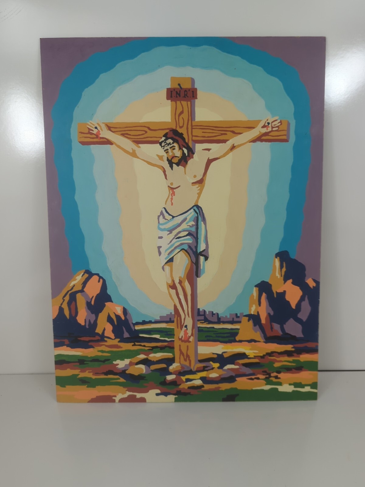 Vintage Paint By Number Jesus On Cross Crucifixion 16″ x 12″ hand painted art