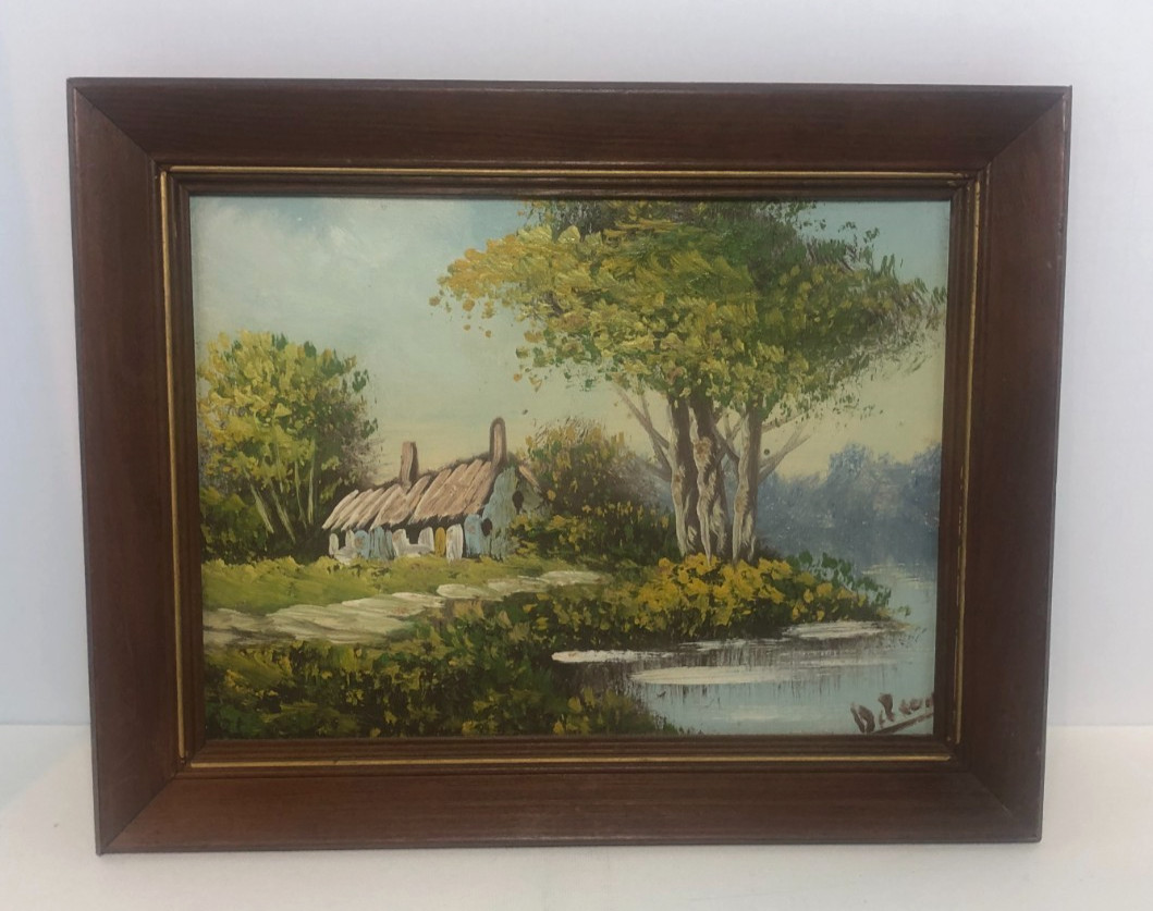 Oil Painting, Picture, 14.5″ x 11.5″, Landscape, White Barn, Framed, Signed