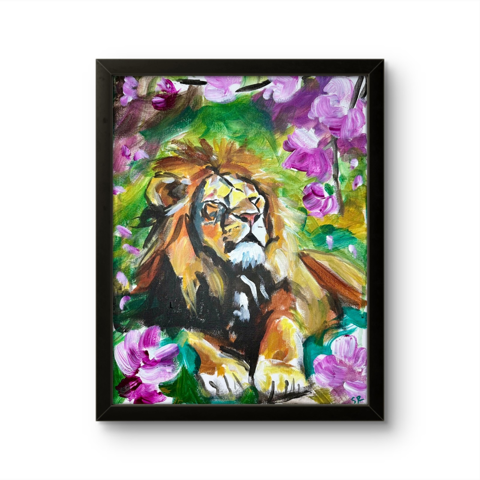 Lion Painting with Cherry Blossoms Original Wildlife Wall Art 11×14 Nature Decor