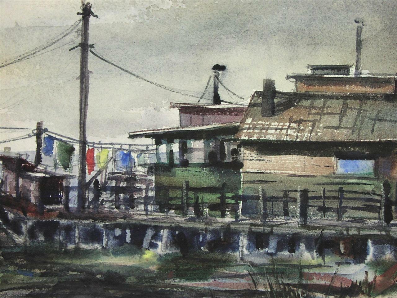 Large, Original Samuel Leitman Watercolor – Rockport Fishing Shacks