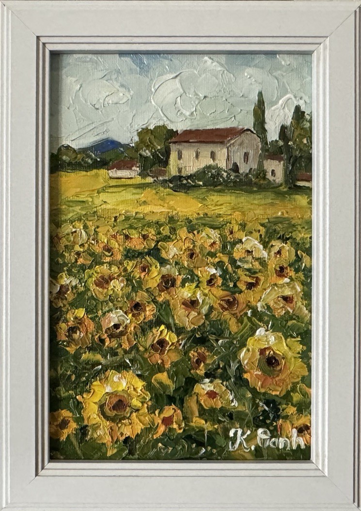 ORIGINAL OIL PAINTING SUNFLOWER FIELD LANDSCAPE SIGNED FRAMED 4×6