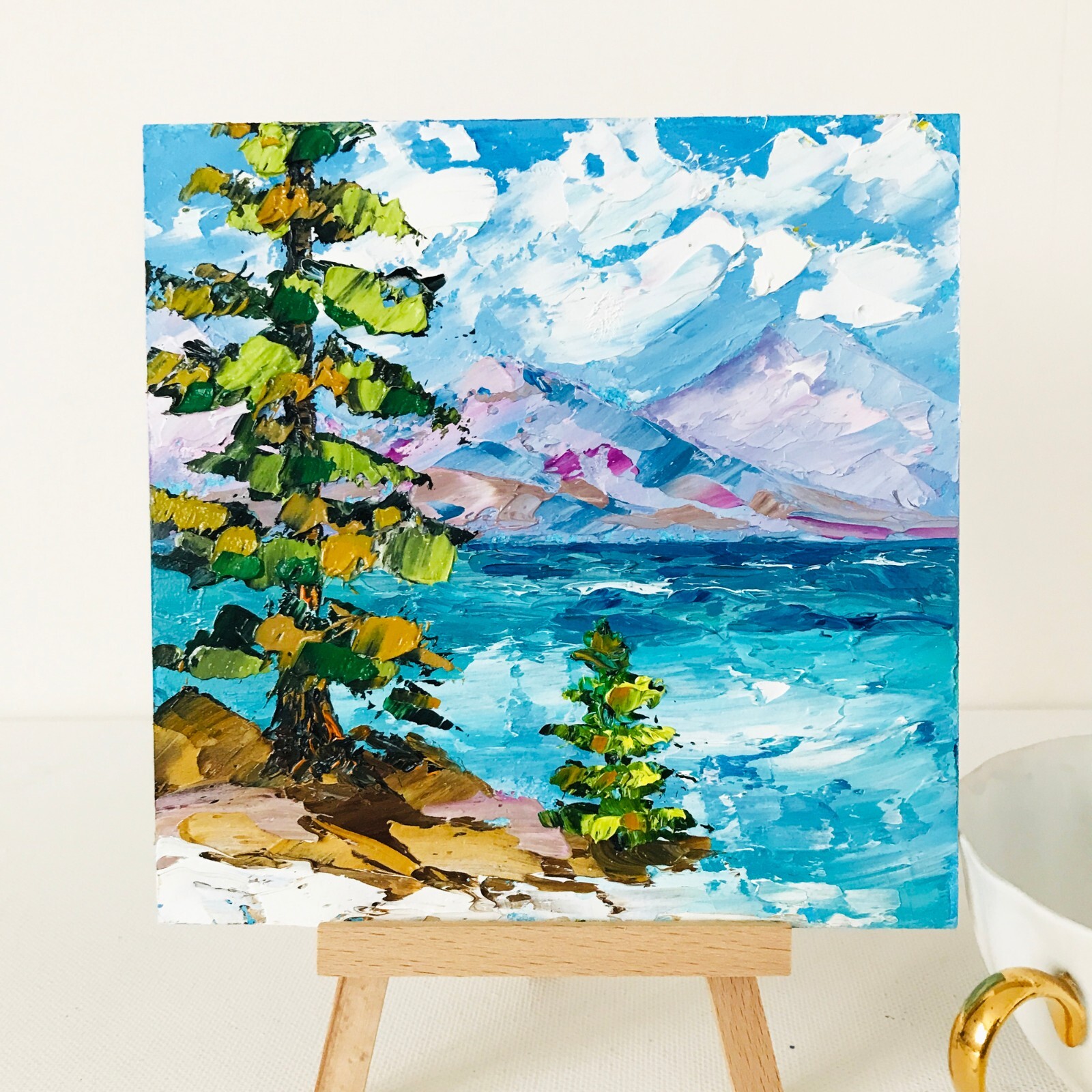 Impasto Oil Painting Lake Tahoe Art Mountain California Wall Art 6×6 inch