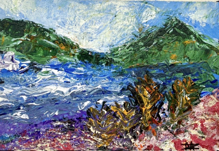 Original Acrylic Painting Impasto Textured Mountain Lake Landscape 5×7 Signed